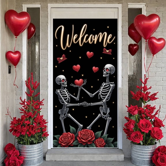 Gothic  Be Mine Banner Skeleton Pattern Skeleton Love Display Red Heart Design Black Background Gothic Heart Backdrop for Valentine's Day Party Gothic Anniversary Couples Celebration