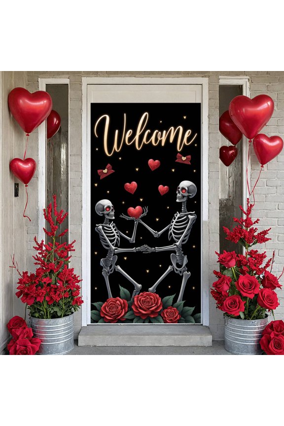 Gothic Be Mine Banner Skeleton Pattern Skeleton Love Display Red Heart Design Black Background Gothic Heart Backdrop for Valentine's Day Party Gothic Anniversary Couples Celebration