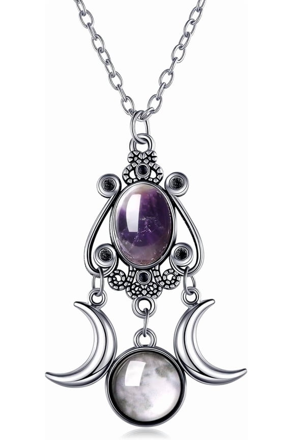 Moon Crystal Necklace Vintage Punk Black Crescent Necklace Red Statement Gothic Jewelry for Women Purple Halloween Costume Jewelry