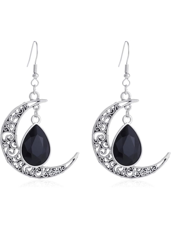 Gothic Moon Dangle Earring,Vintage Crystal Glass Crescent Drop Earrings Punk Style Dark Victorian Earrings Mystery Vampire Jewelry Halloween Outfit Accessories for Women