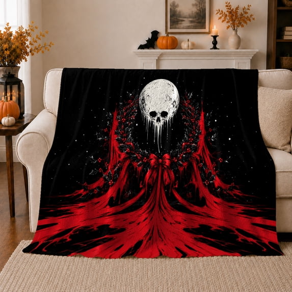 Gothic Moon Gothic Motif Holly Wreath Dark Fantasy, Festive Holiday Scene, Warm Flannel Blanket for Living Room and Family Room, Art Lovers Housewarming Gift, Festive Home Decor
