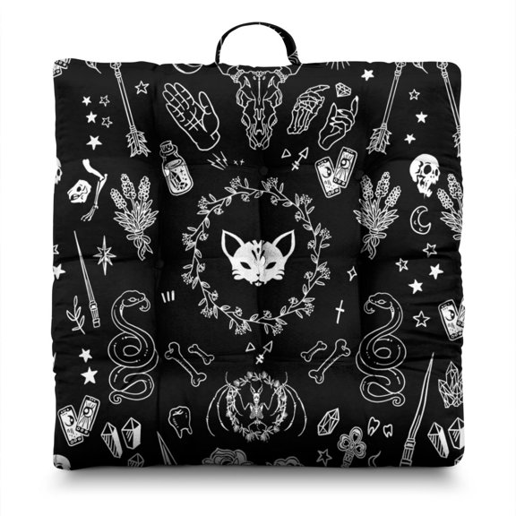 Gothic Moon Meditation Cushion for Adults - Thick Starry Night Floor Pillow with Celestial Design, 9-Point Stitching for Support, Dark Aesthetic Zabuton