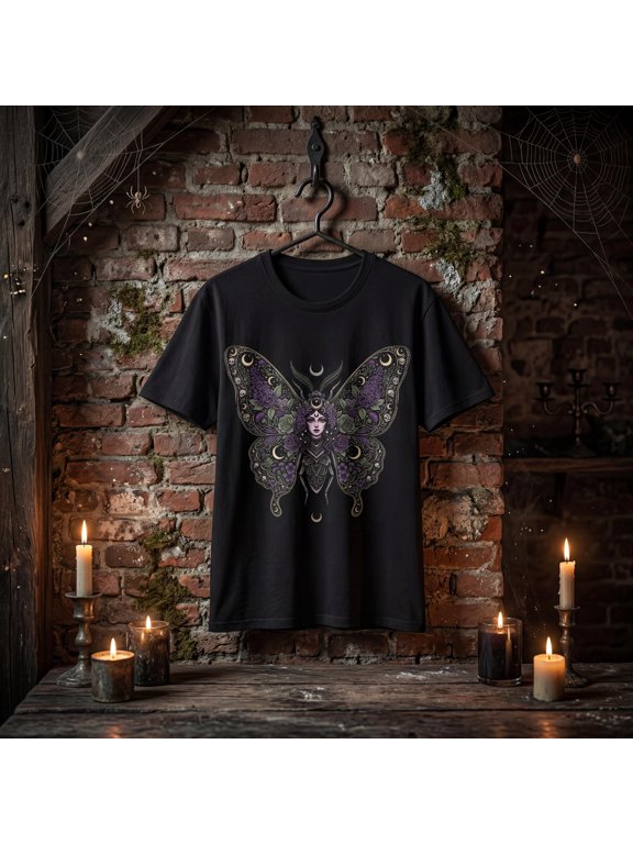 Gothic Moon Moth T-Shirt, Dark Floral Celestial Witchy Top