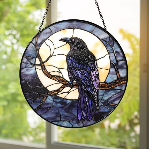 Gothic Moon Raven Crow Stained Glass Suncatcher Window Hanging Halloween Decor