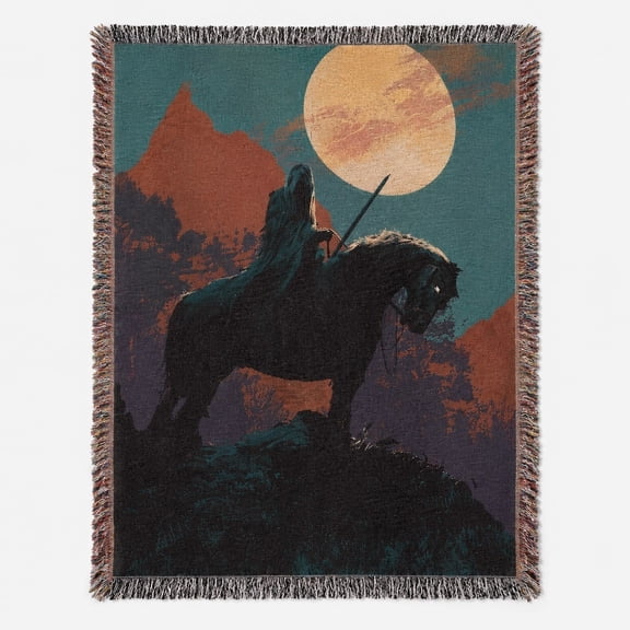 Gothic Moon Rider Woven Cotton Throw Blanket with Fringe, Dark Fantasy Wall Tapestry