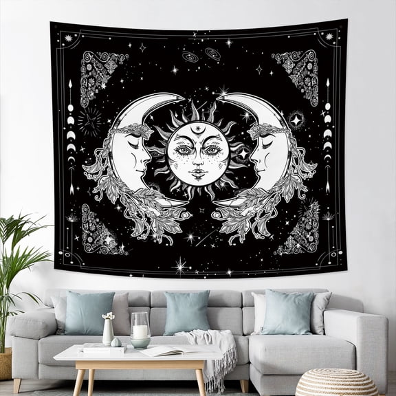 Gothic Moon Sun Tapestry Aesthetic,Black and White Tapestries Wall Hanging for College Dorm Room Decor 60Wx50H