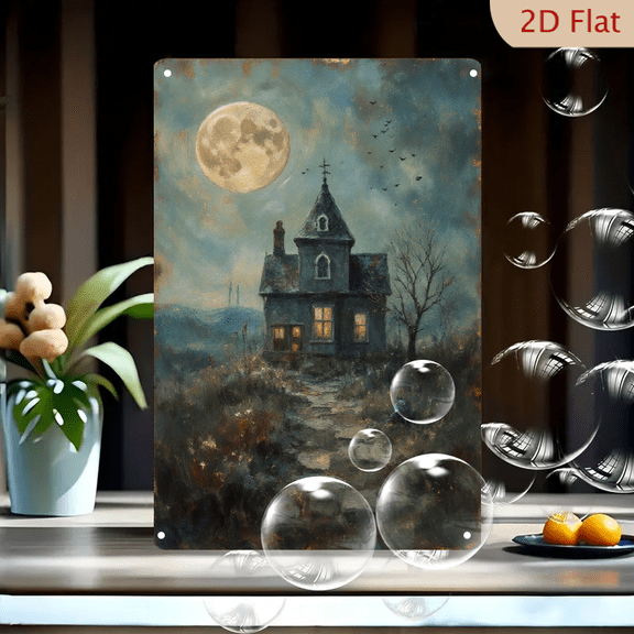 Gothic Moonlit House Art Print 8x12in Metal Wall Decor, Moody Victorian Mansion with Turret & Full Moon, Eerie Atmospheric Painting for Living Room or Hallway