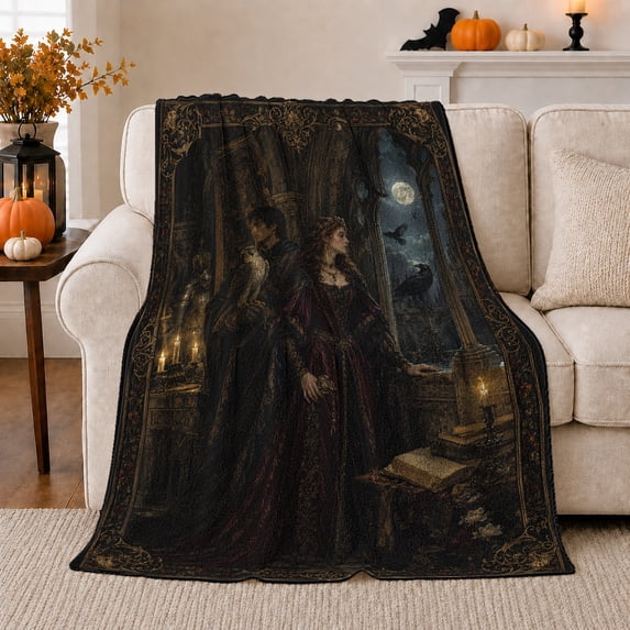 Gothic Moonlit Library Portrait Flannel Blanket for Couch Sofa Bed, Dark Castle Romance Home Decor for Women Men, Medieval Art Gift for Birthday Halloween Reading Room