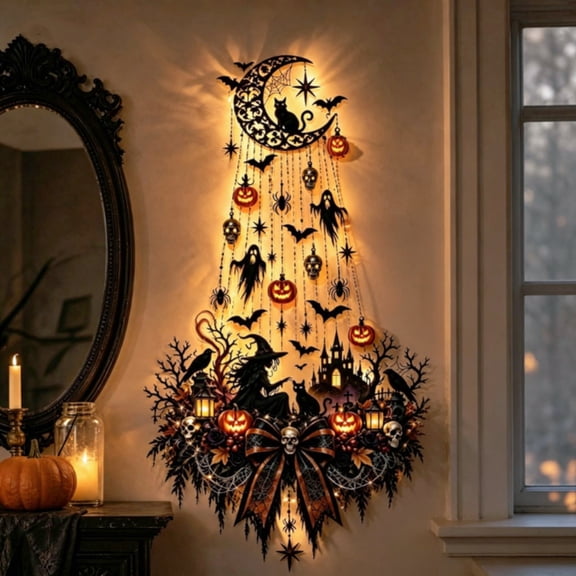 Gothic Moonlit Shadow Wall Decor Lamp, 39x17" Halloween Moon Witch Ghost Pumpkin Decoration Light, Halloween Interior Decorations, Wall Porch Bedroom Living Room Home Ornament