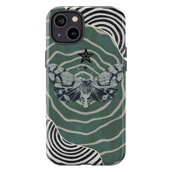 Gothic Moth Abstract Phone Case, Dark Green Wavy Lines & Stripe Art Phone Cover for iPhone 11 12 13 14 15 16 17 Pro Max Plus