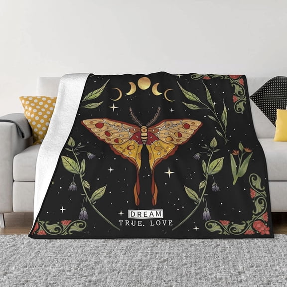 Gothic Moth Flannel Blanket Home Decor Sun Moon Star and Florals Whichy Throw Blanket Aesthetic Soft Warm Lightweight for Bed Sofa Couch Travel Gift 60"x50"