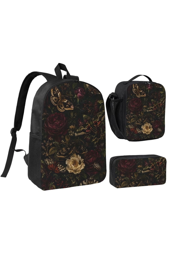 Gothic Moth Floral Backpack Set 3pc Including Backpack, Lunch Bag and Pen Bag Combination