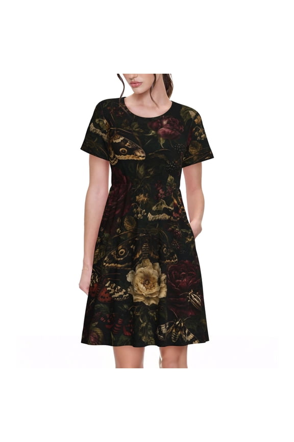 Gothic Moth Floral Dresses Short Sleeve Nightdresses for Women