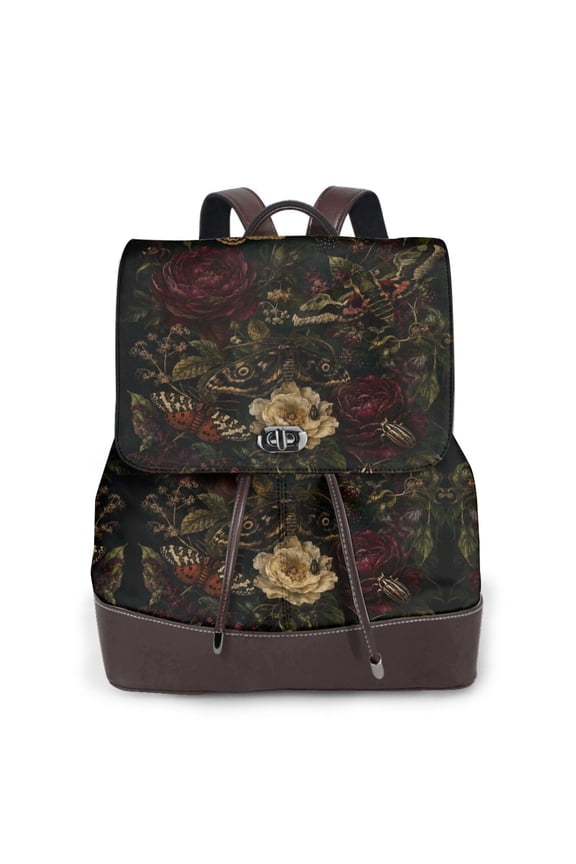 Gothic Moth Floral Women's Leather Backpack All-Over Print Bag for Work and Travel
