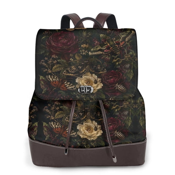 Gothic Moth Floral Women's Leather Backpack All-Over Print Bag for Work and Travel