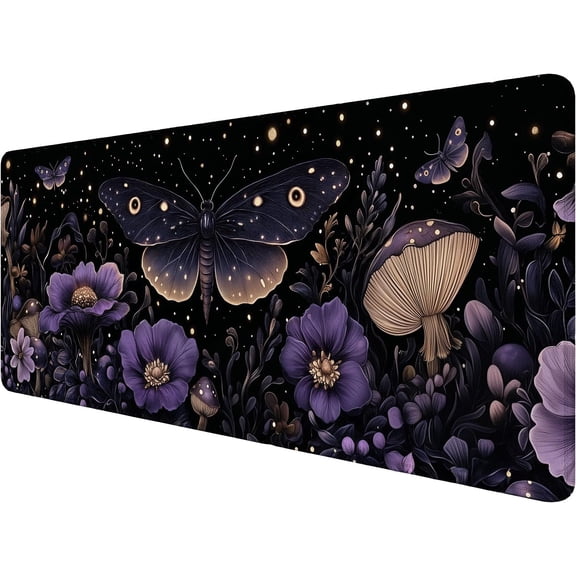 Gothic Moth Gaming Mouse Pad Fantasy Purple Mushroom Flowers Mousepad XL Large Gaming Mouse Pad Laptop Keyboard Mat Desk Pad Office Computer Keyboard Laptop Home 31.5"x11.8"