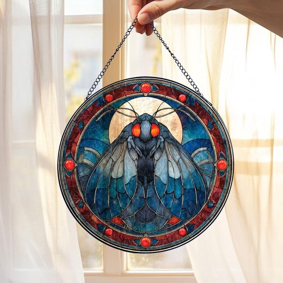 Gothic Moth Glass Suncatcher, Full Moon and Red Accents, Creepy Cool Insect Decor, 3.5 in
