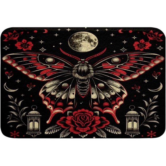 Gothic Moth Non Slip Bath Rug 16" x 24" Halloween Decor Bathroom Mat Galaxy Starry Sky Boho Exotic Flower Doormat