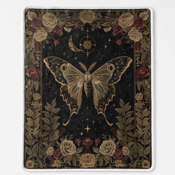 Gothic Moth Sherpa Blanket with Moon and Rose Design, Soft Polyester Fleece Throw