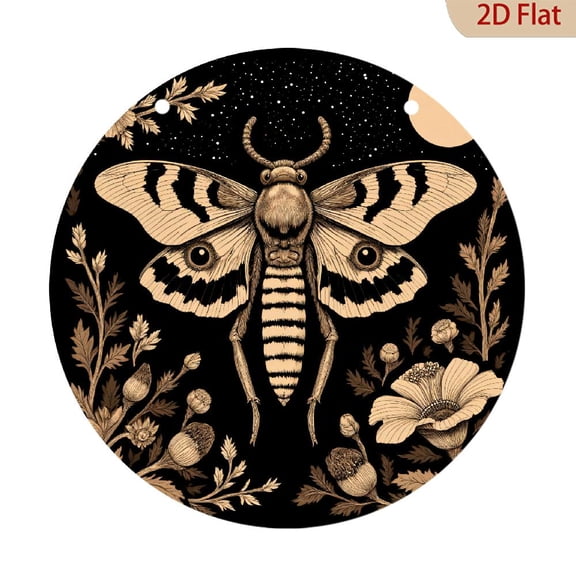 Gothic Moth Wall Art Round Aluminum Metal Sign Celestial Insect Decor for Living Room Bedroom Black and Beige Aesthetic Print 8x8 Inch Wall Hanging Decoration