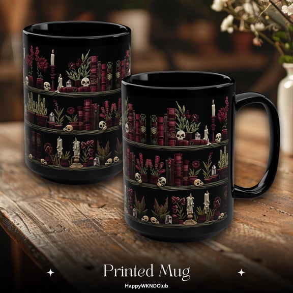 Gothic Mug, Dark Academia Embroidery Bookshelf, Raven Black Coffee Cup, Literature Lover Gift, Vintage Library Tea Mug, Dark Academic Decor,