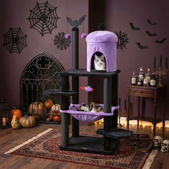 Gothic Multi-Level Cat Tree with Spider Hanging Toy, Castle House, Large Hammock, Scratching Posts