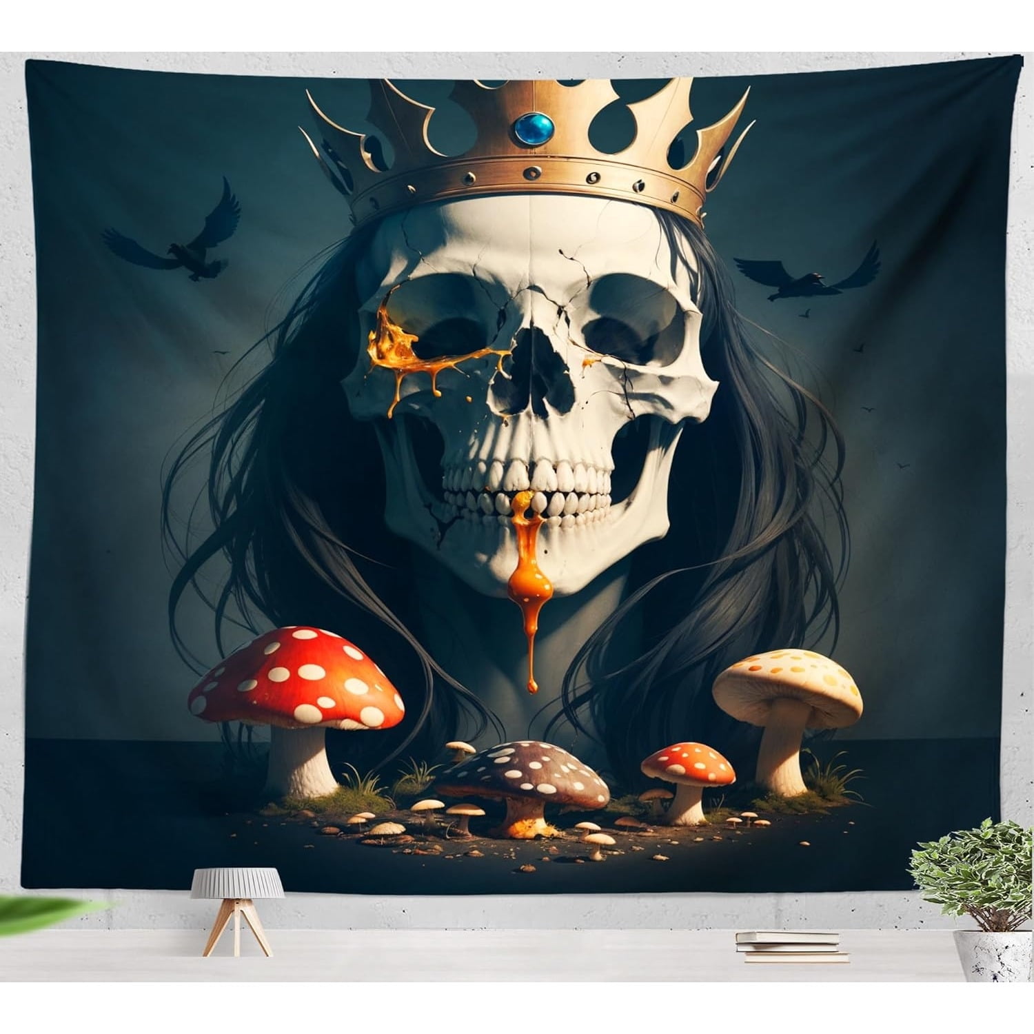 Gothic Mushroom and Skull Tapestry Polyester Wall Hanging with Crow