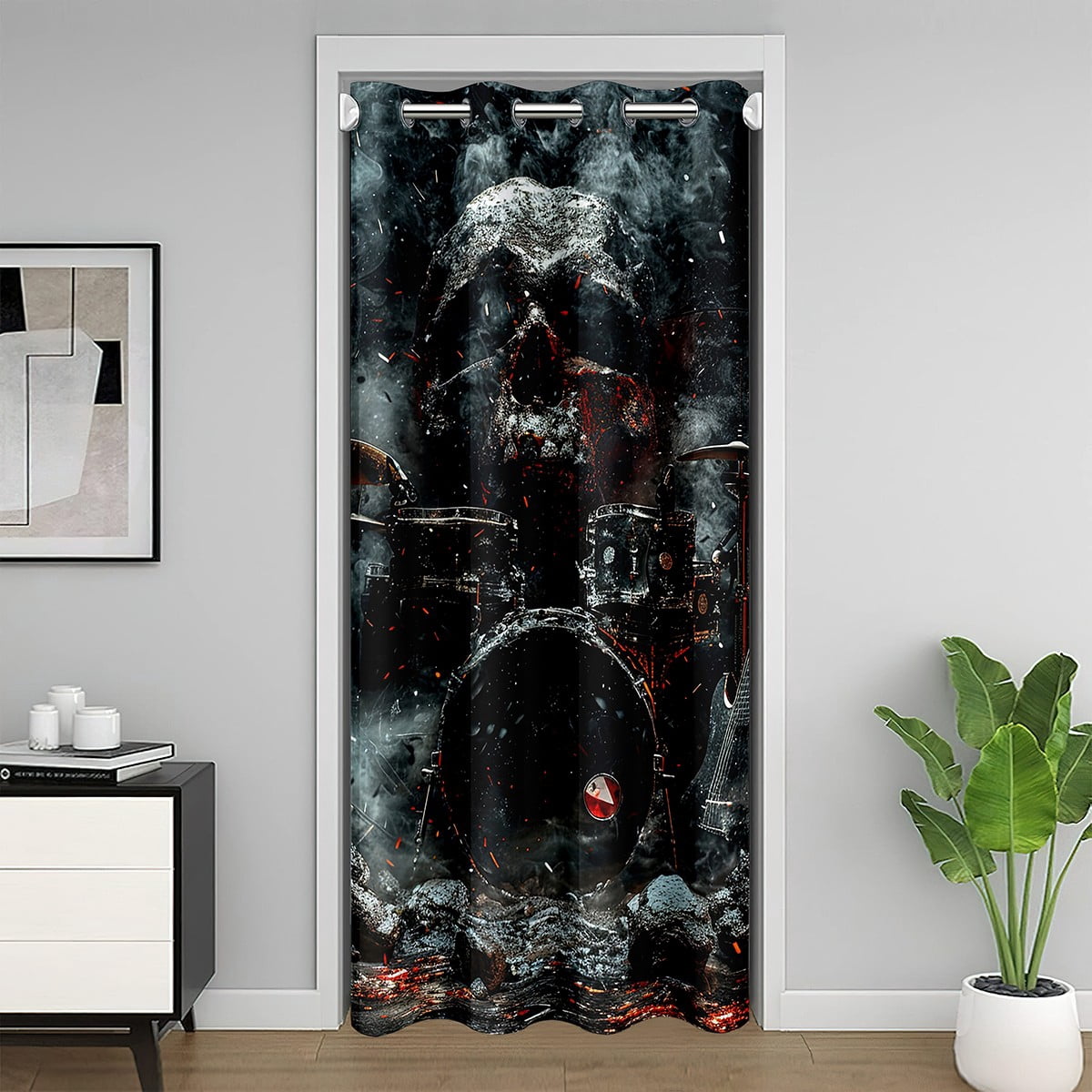 Gothic Music Themed Blackout Curtain 34"W X 80"L,Musical Instrument Drum Kit Door Curtains for Doorways Halloween Skeleton Doorway Curtain,Sugar Skull Grunge Black Red Closet Curtain