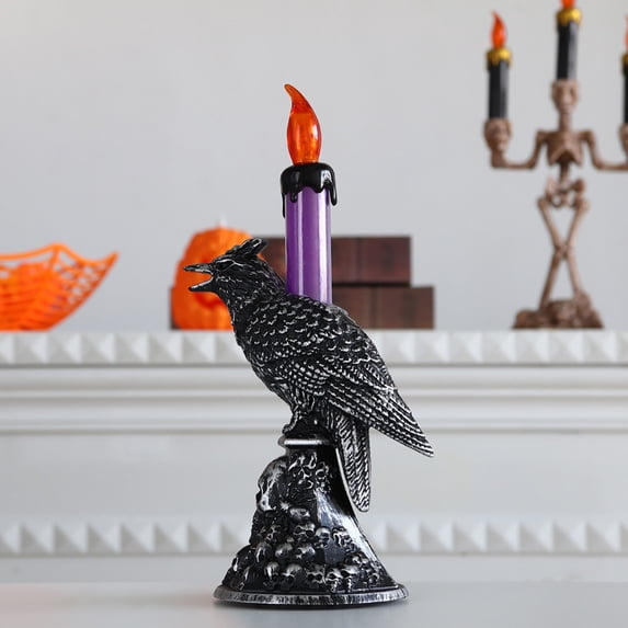 Gothic Mysterious Crow LED Flameless Candle, Luminous Sculpture, Gothic Home Decor Accent, Raven Lamp for Halloween Gifts, Bedroom Bedside, Living Room, Purple