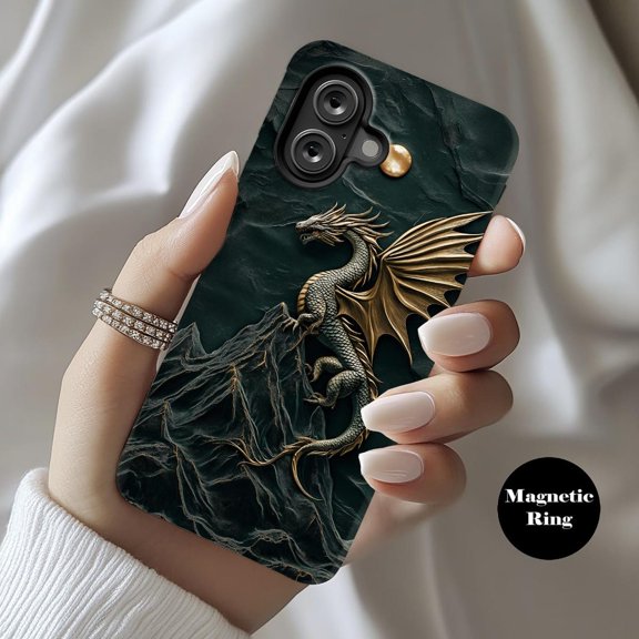Gothic Mythical Gamer MagSafe Cover with an Epic Green Mountain Fantasy Dragon with iPhone 17 to 11 Pro Max