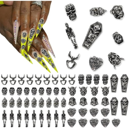 Gothic Nail Charms - 70pc 3D Metal Embellishments for Acrylic Nails (Skull, Spider, Butterfly, Cross) - Halloween & Everyday Nail Art Accessories - Black