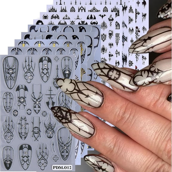 Gothic Nail Stickers Witchy Decals 12PCS Dark Black Goth Nail Art Stickers 3D Self-Adhesive Totem Punk Belt Nails Designs DIY Bat Holiday Nail Supplies French for Acrylic Manicure Decoration