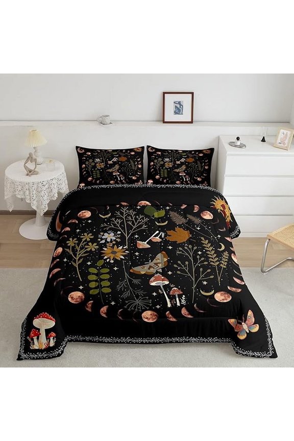 Gothic Nature Comforter Set for Kids Room Decor Butterfly Moth Flower Mushroom Rustic Garden Bedding Comforter Toddler Size Star Moon Sun Boho Style Soft Polyester Quilt Set