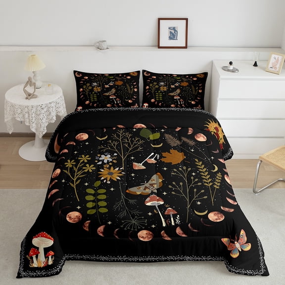 Gothic Nature Comforter Set for Kids Room Decor Butterfly Moth Flower Mushroom Rustic Garden Bedding Comforter Toddler Size Star Moon Sun Boho Style Soft Polyester Quilt Set