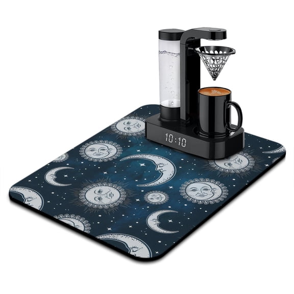 Gothic Nebula and Galaxy Coffee Bar Mat - Retro Astronomical Print Absorbent Mat - Non-Slip Kitchen Counter Mat - Solar and Lunar Eclipse Design