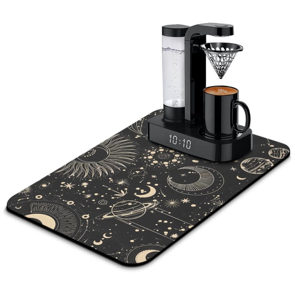 Gothic Nebula and Galaxy Coffee Bar Mat - Retro Astronomical Print Absorbent Mat - Non-Slip Kitchen Counter Mat - Solar and Lunar Eclipse Design