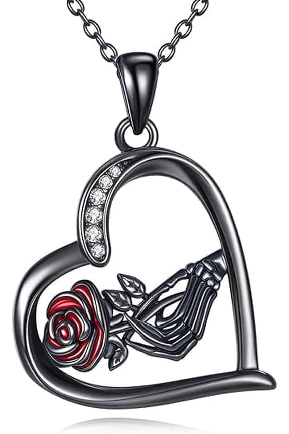 Gothic Necklace 925 Sterling Silver Skeleton Hand Heart Pendant Necklace Skeleton Hand Jewelry for Women Halloween Gothic Party