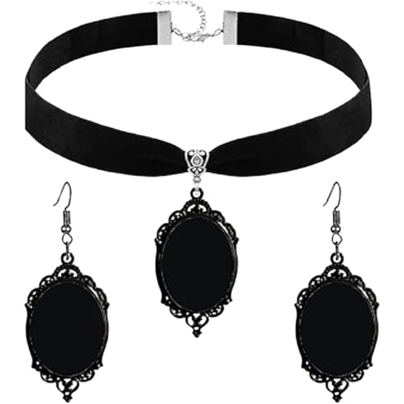 Gothic Necklace Earrings Set for Women,Vintage Black Velvet Witch/Crow/Bat Glass Pendant Necklace Punk Style Crystal Cameo Glass Jewelry Set Goth Victorian Costume Halloween Accessories