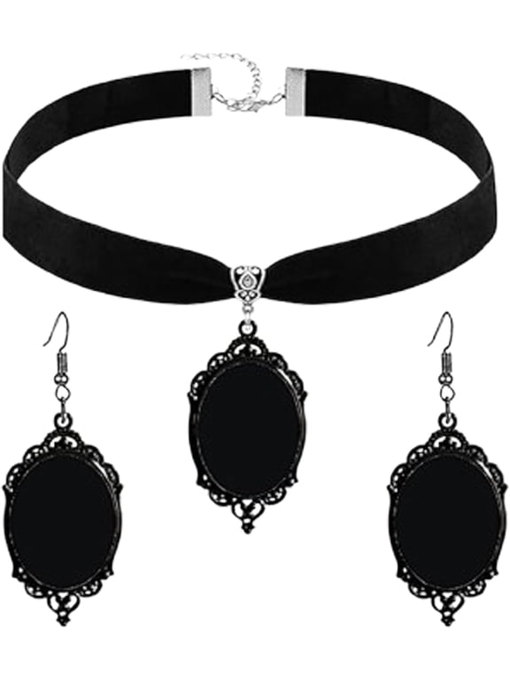 Gothic Necklace Earrings Set for Women,Vintage Black Velvet Witch/Crow/Bat Glass Pendant Necklace Punk Style Crystal Cameo Glass Jewelry Set Goth Victorian Costume Halloween Accessories