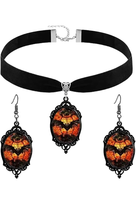 Gothic Necklace Earrings Set for Women,Vintage Black Velvet Witch/Crow/Bat Glass Pendant Necklace Punk Style Crystal Cameo Glass Jewelry Set Goth Victorian Costume Halloween Accessories