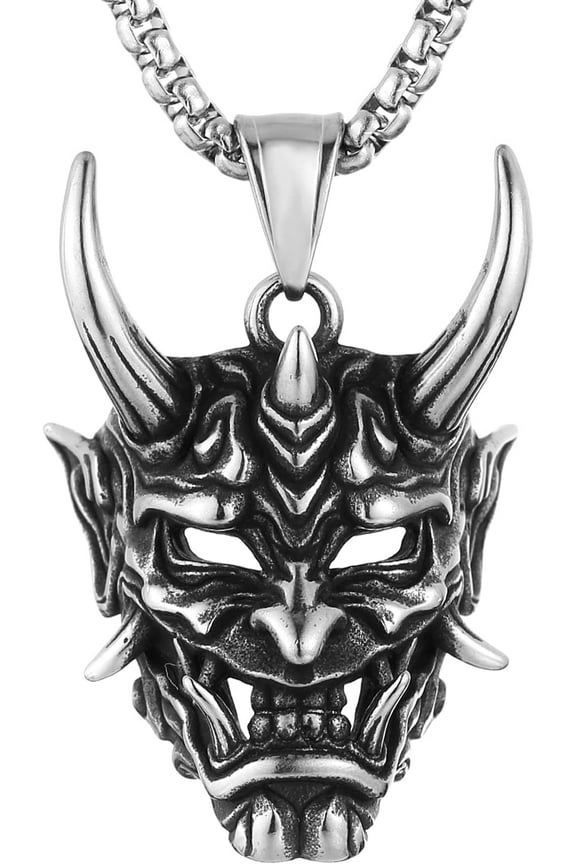 Gothic Necklace for Men Prajna Mask Stainless Steel Silver Evil Demon Ghost Horn Skull Pendant