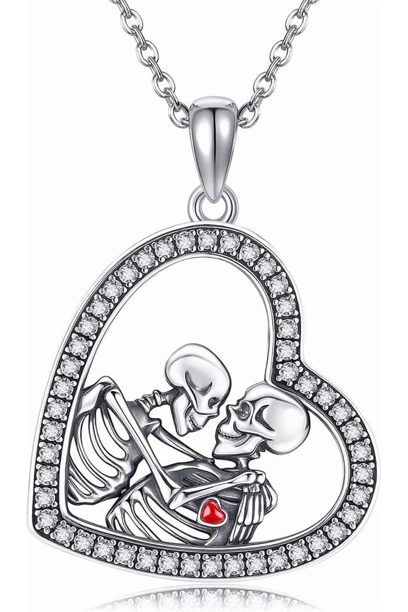 Gothic Necklaces 925 Sterling Silver Skeleton Couple Heart Pendant Necklaces Skull Gothic Jewelry Gifts for Women Men