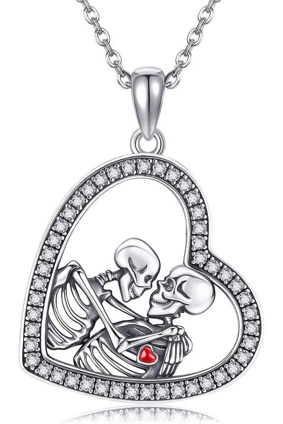 Gothic Necklaces 925 Sterling Silver Skeleton Couple Heart Pendant Necklaces Skull Gothic Jewelry Gifts for Women Men