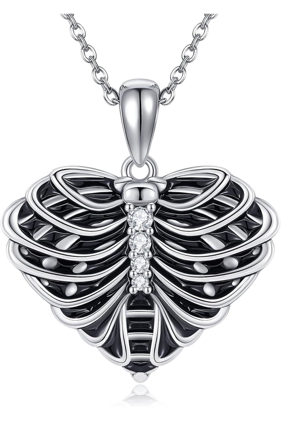 Gothic Necklaces 925 Sterling Silver Skeleton Rib Cage Pendant Necklaces Skull Gothic Jewelry Gifts for Women Men