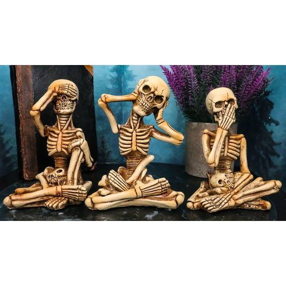 Gothic Necromancy Magic See Hear Speak No Evil Bony Skeleton Figurines Set Of 3