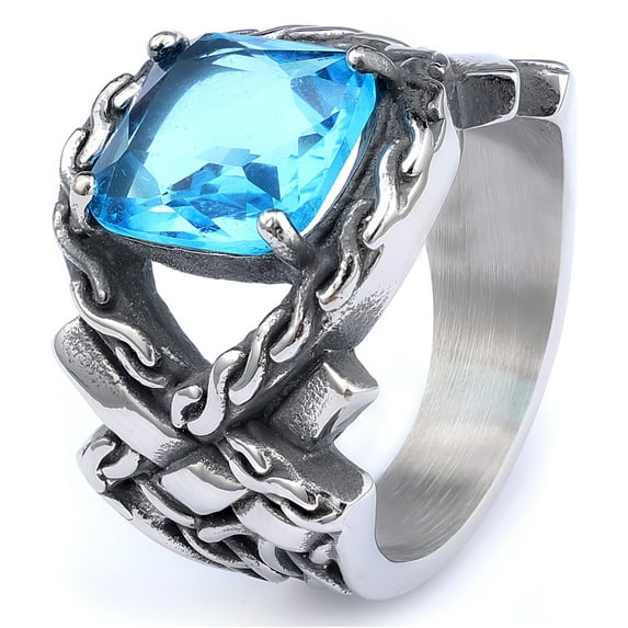 Gothic New Unisex 14K White Gold Cool Punk Classic Stone Ring Pattern Hollowing
