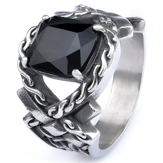 Gothic New Unisex 14K White Gold Cool Punk Classic Stone Ring Pattern Hollowing