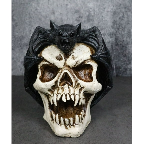 Gothic Nocturnal Vampire Bat Perching On Dracula Fanged Skull Figurine