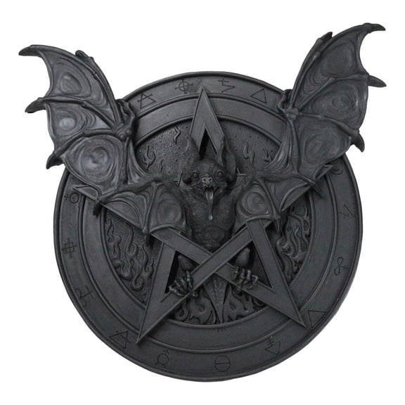 Gothic Nosferatu Black Bat Pentagram With Hell Fire Alchemy Symbols Wall Plaque