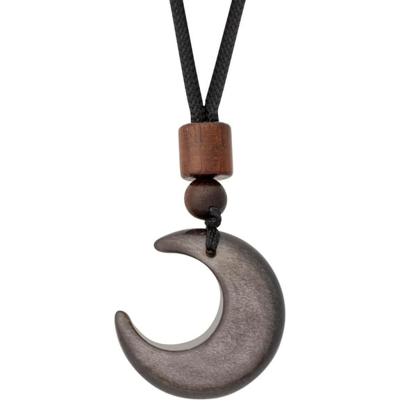 Gothic Obsidian Crescent Moon Pendant Necklace with Braided Cord, Goth Celestial Jewelry Gift for Men and womens